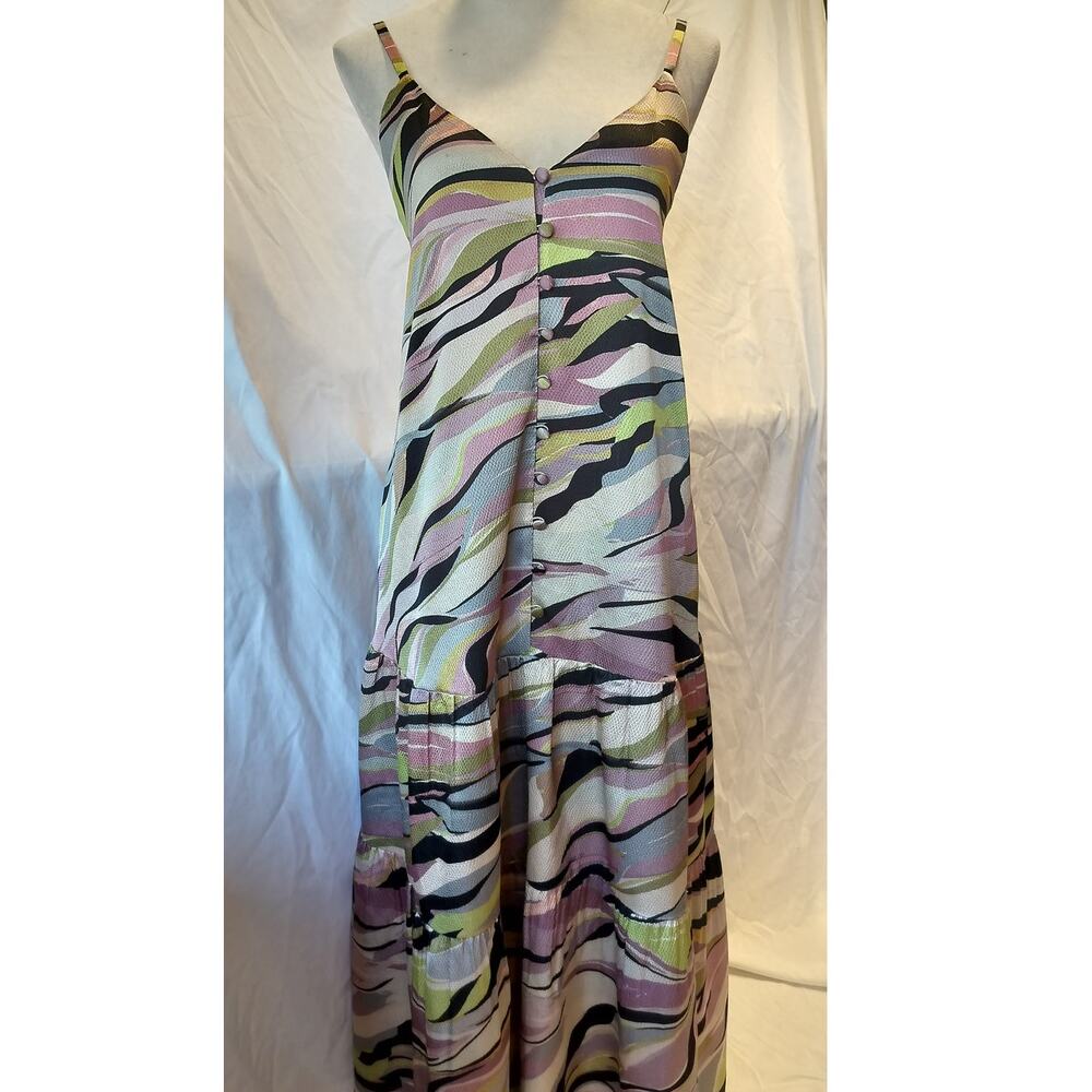 Ted Baker (4-6) Shiny camo, adjustable tank, button-up, ruffle hem maxi dress